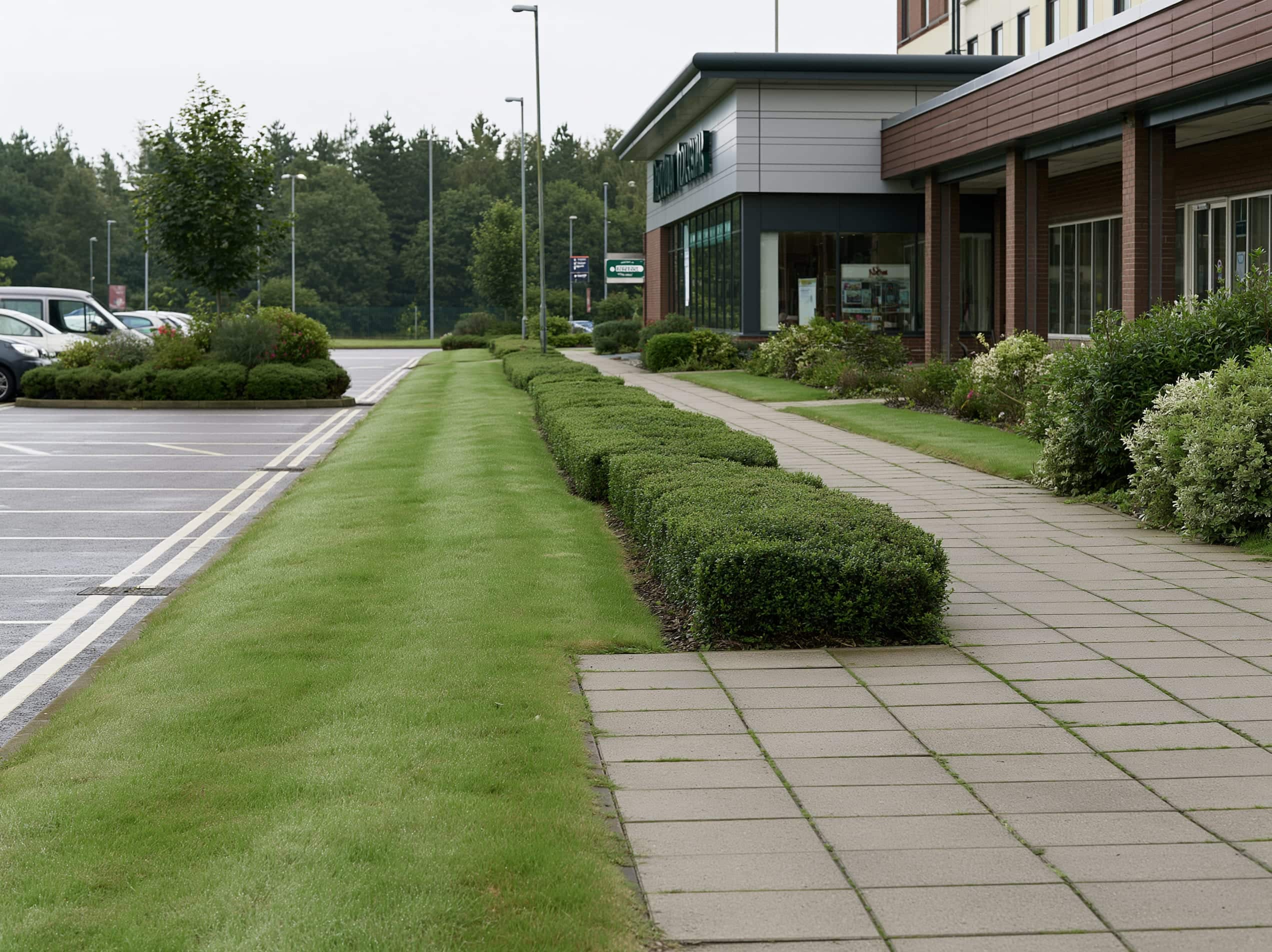 Well-kept landscaped grounds at a UK retail and hospitality estate
