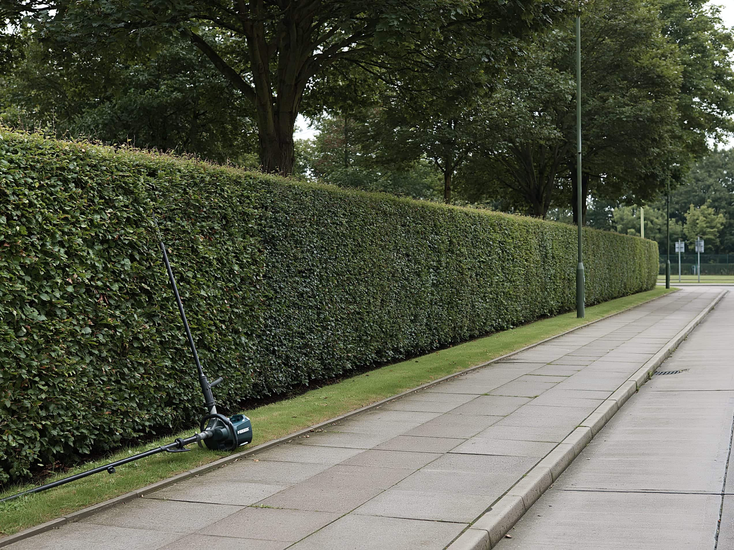 Freshly trimmed commercial hedge and mature trees