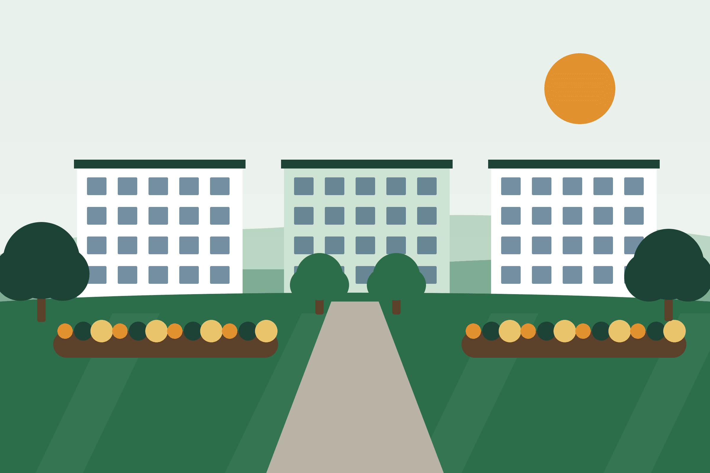 Illustration: accommodation blocks with striped lawns, planted beds and trees