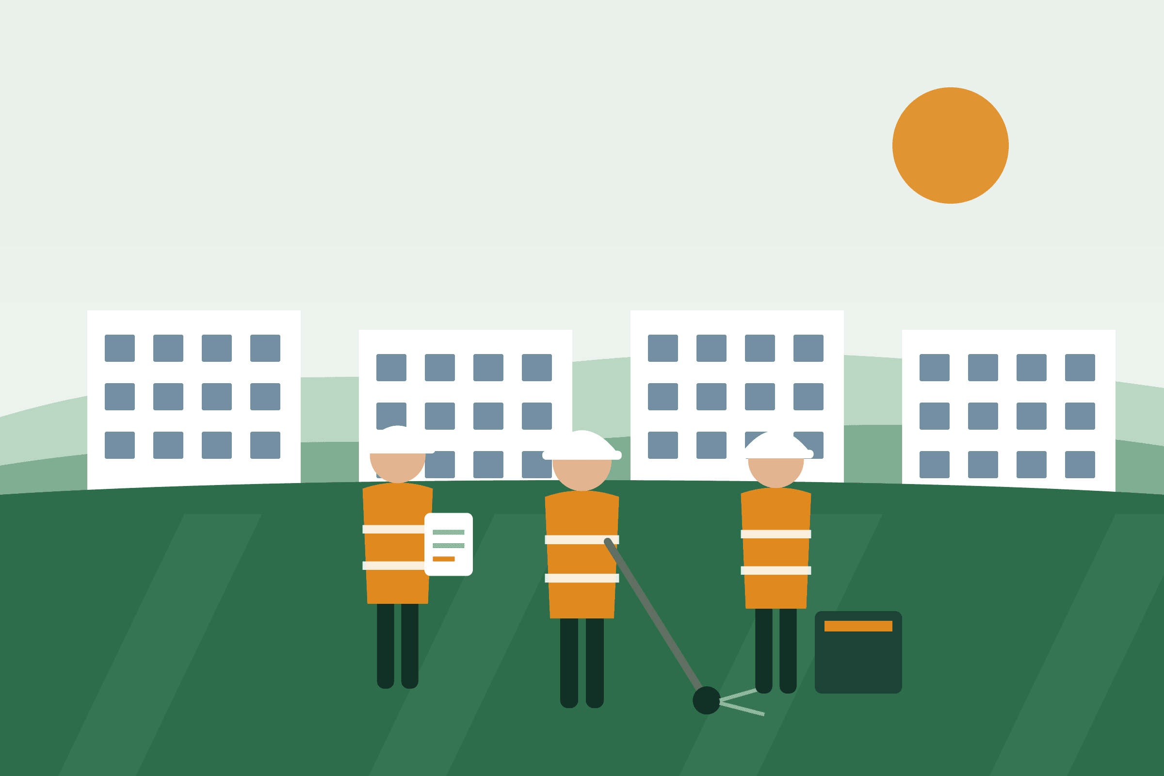 Illustration: three grounds operatives in hi-vis working on a campus site