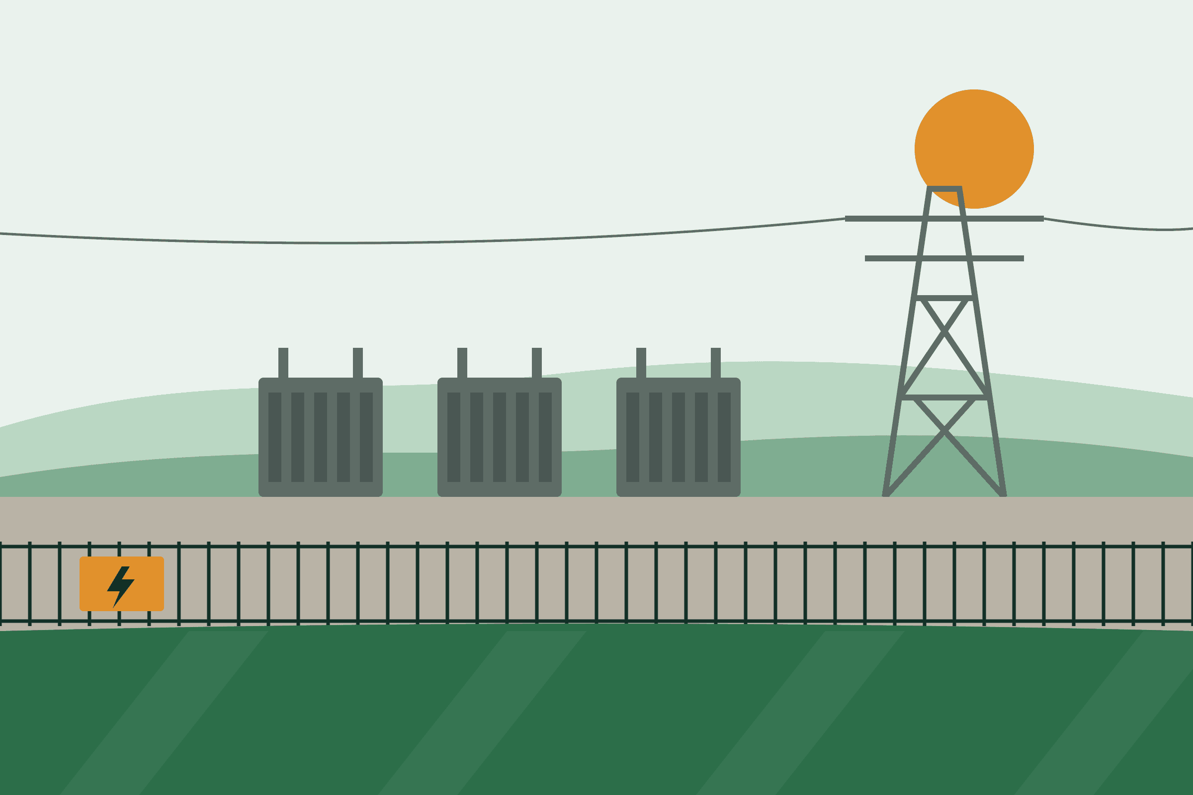 Illustration: a cleared electrical facility, with transformers behind a security fence and a tidy mown verge