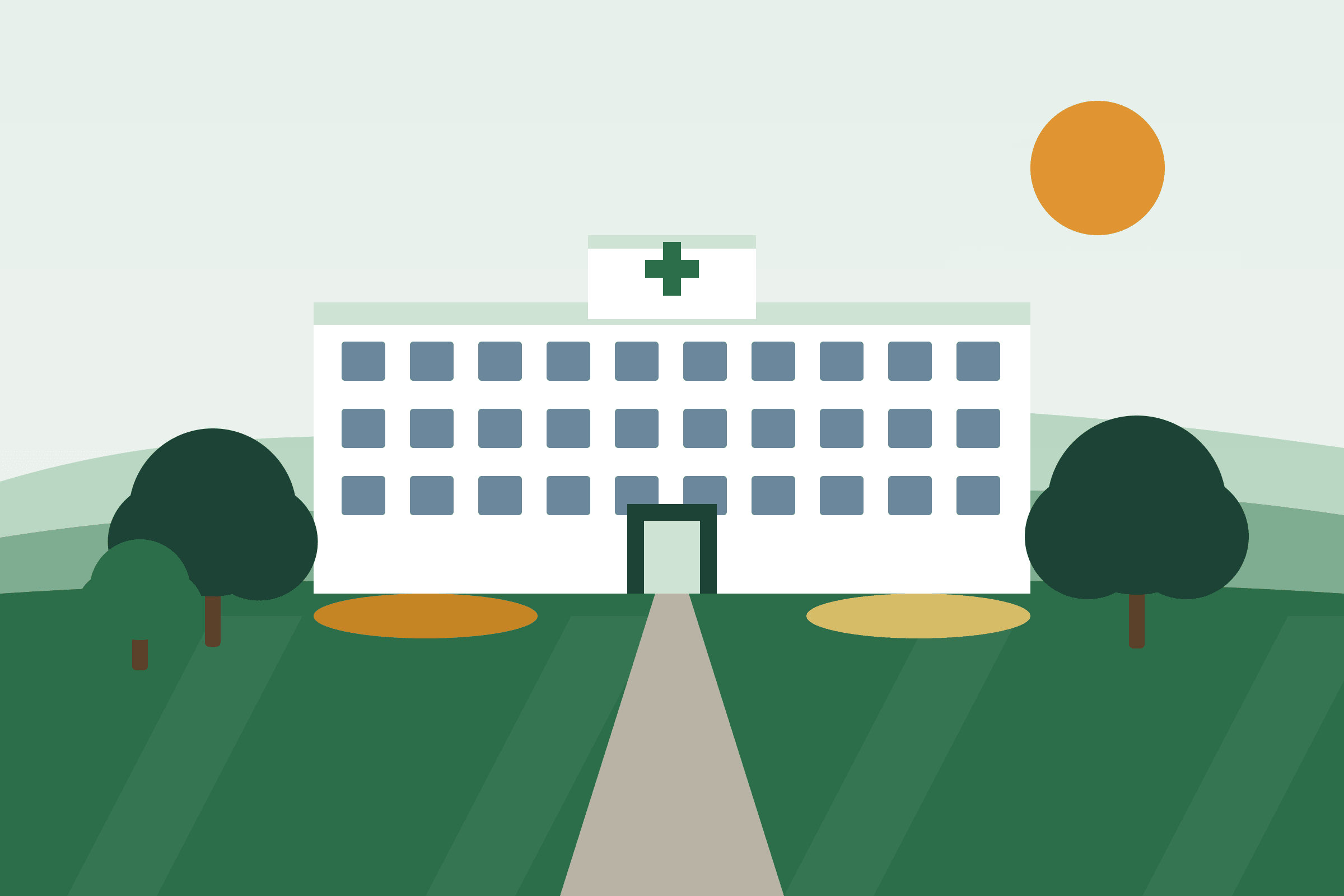 Illustration: maintained grounds in front of a hospital building, with striped lawns, planted beds and trees