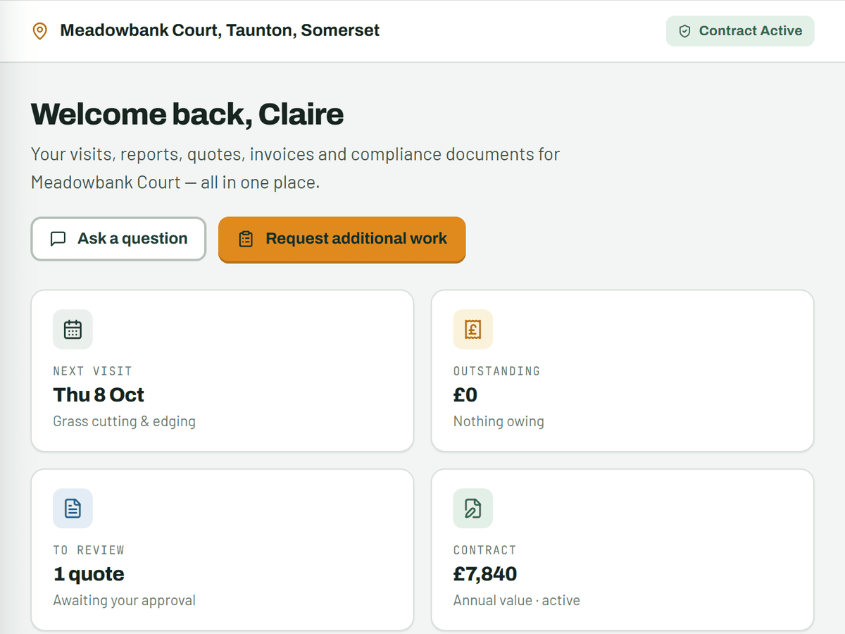 Client portal dashboard for an example site: next visit, nothing owing, one quote to review and the annual contract value.