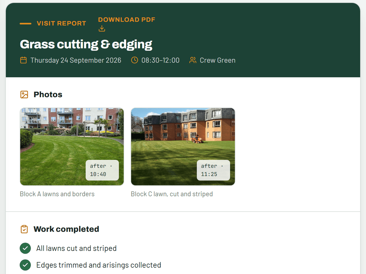 A visit report in the client portal: grass cutting and edging, with after photos of two blocks and the work completed.