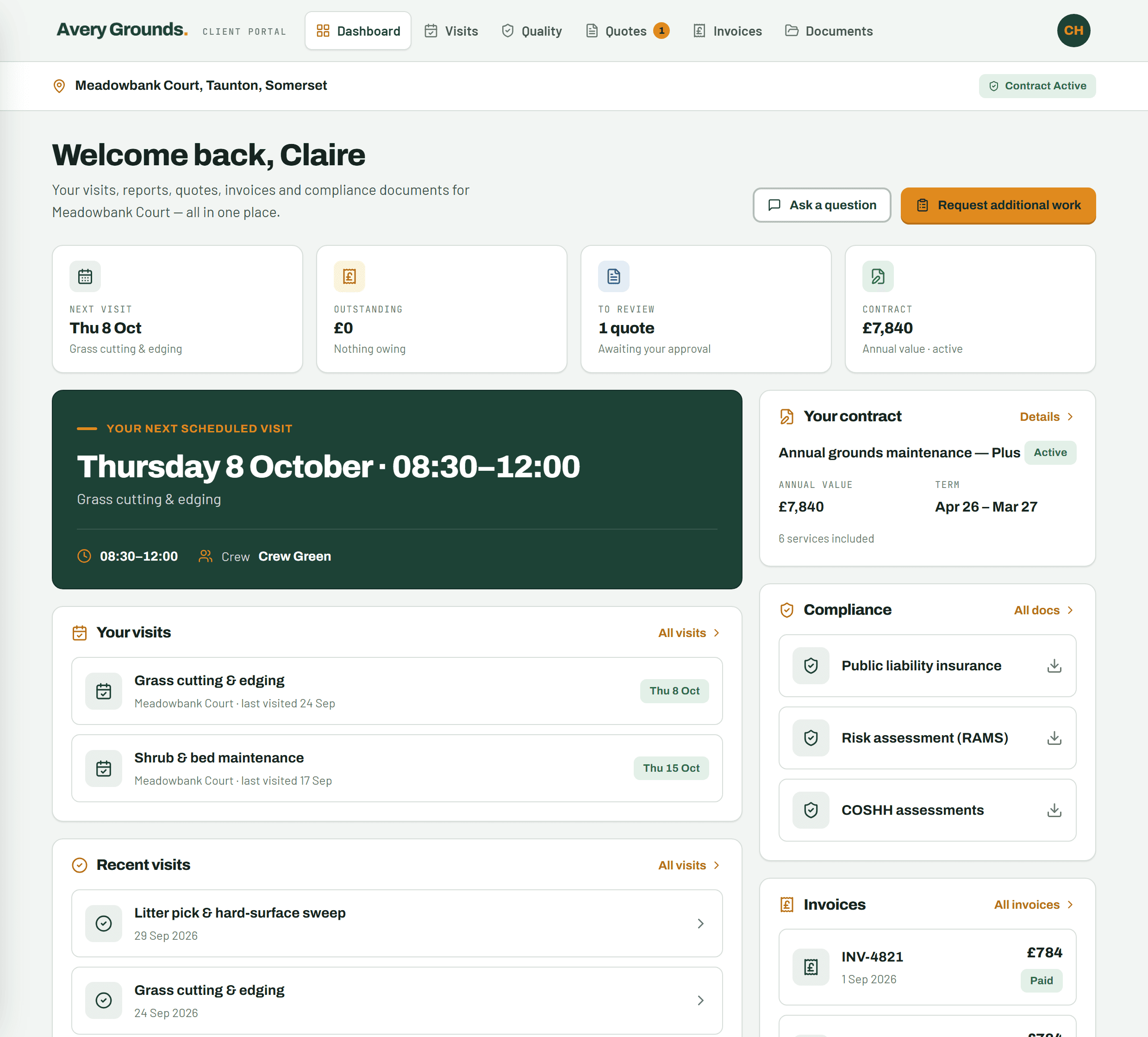 The Avery Grounds client portal dashboard for an example site — next scheduled visit, fixed annual contract value, upcoming and recent visits, and one-click compliance documents.