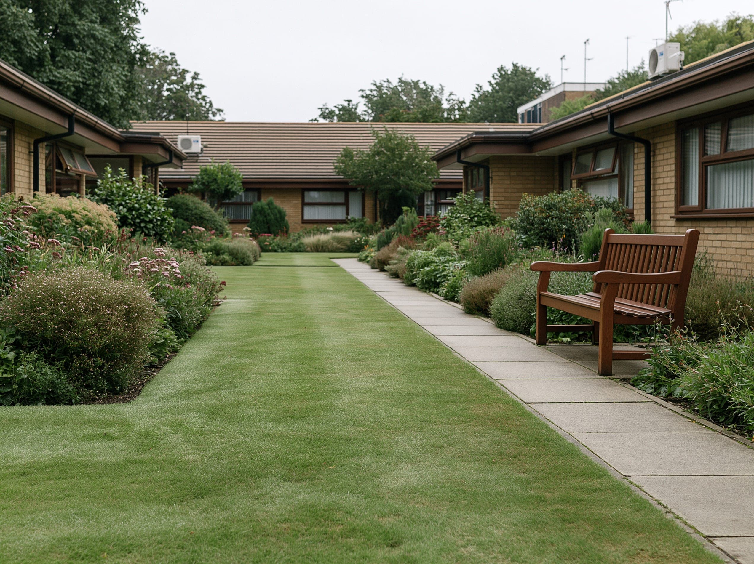Immaculate, calm grounds at a UK retirement development