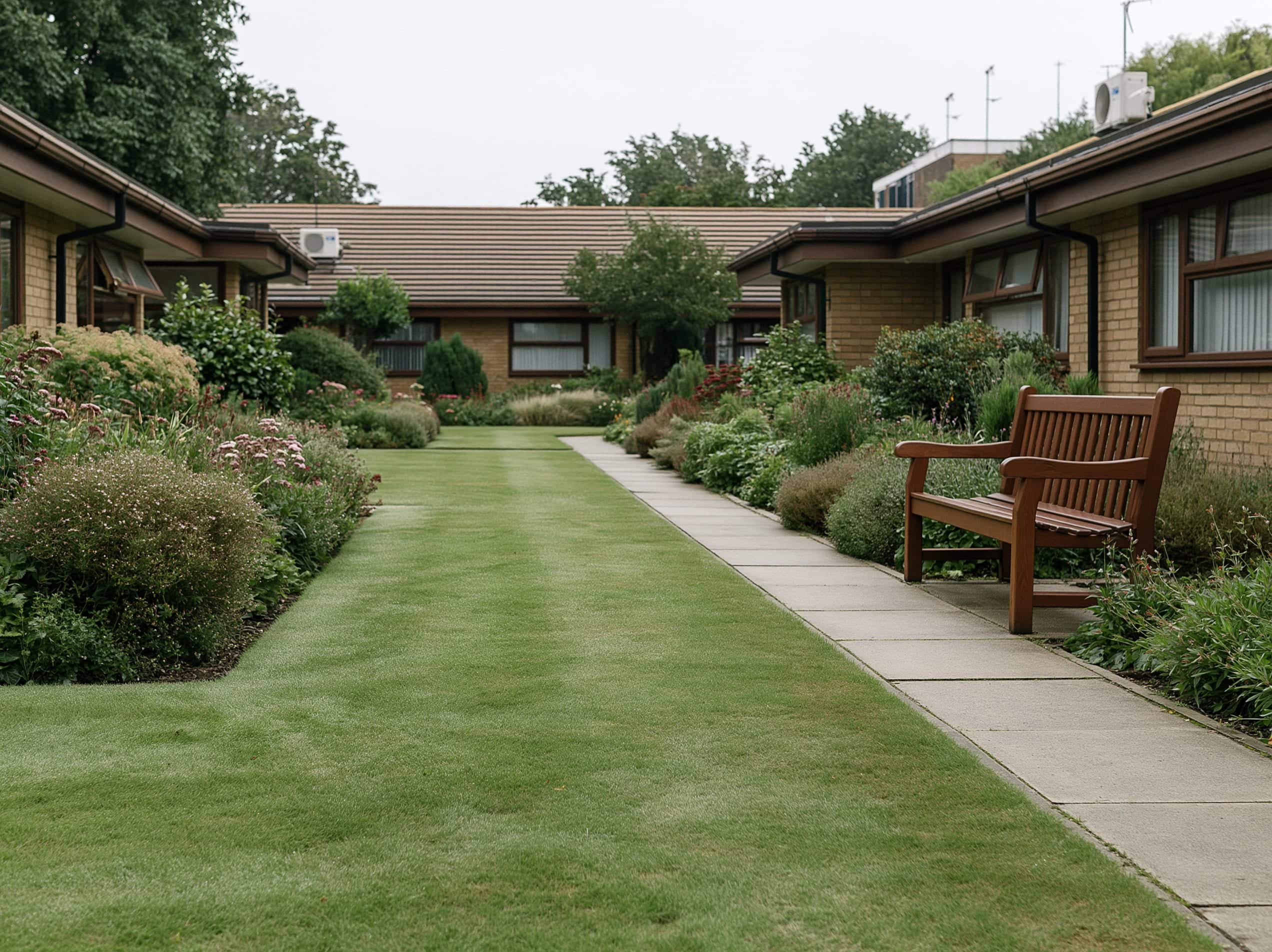 Immaculate, calm grounds at a UK retirement development