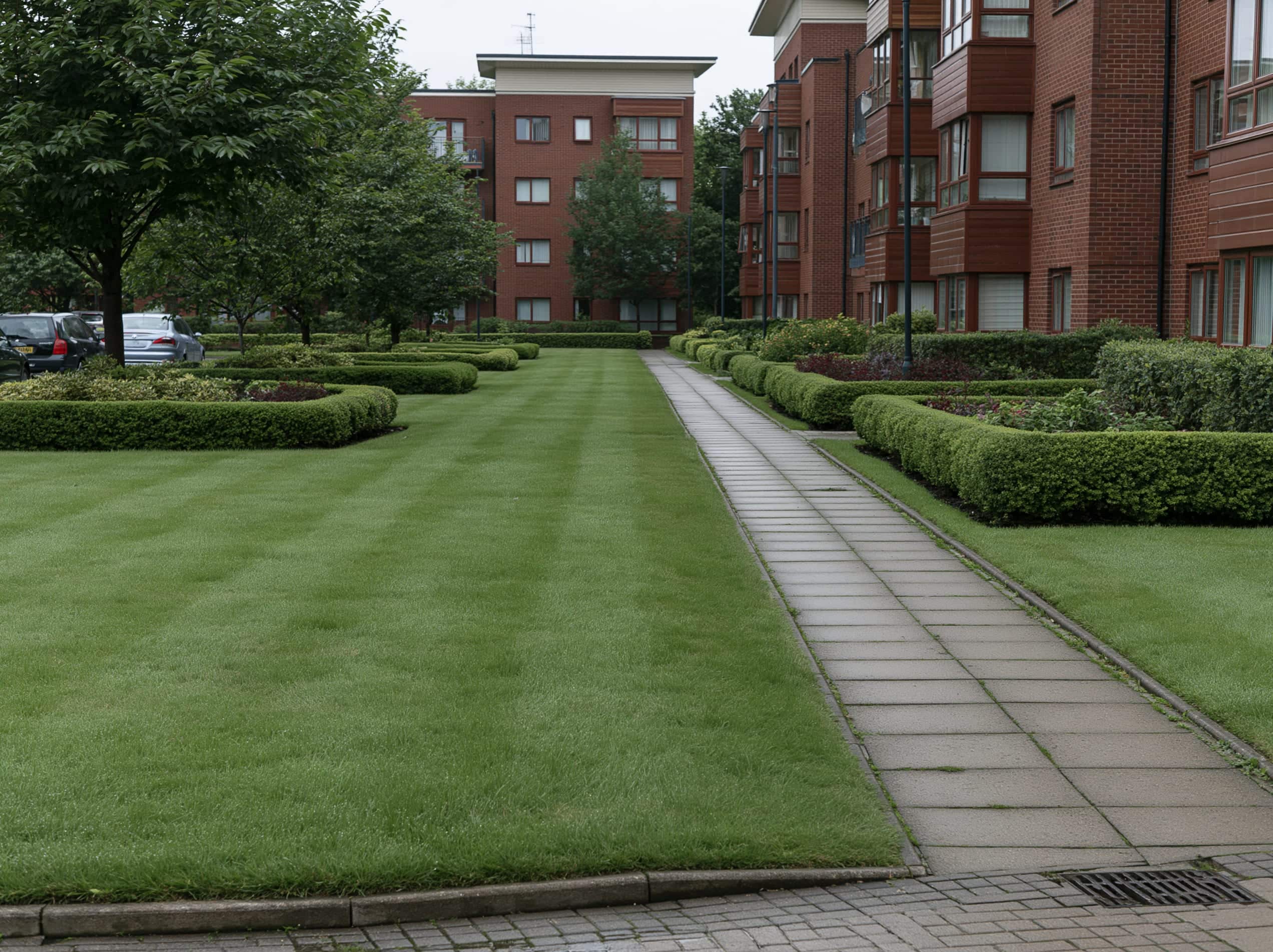 Well-kept communal grounds at a UK residential block